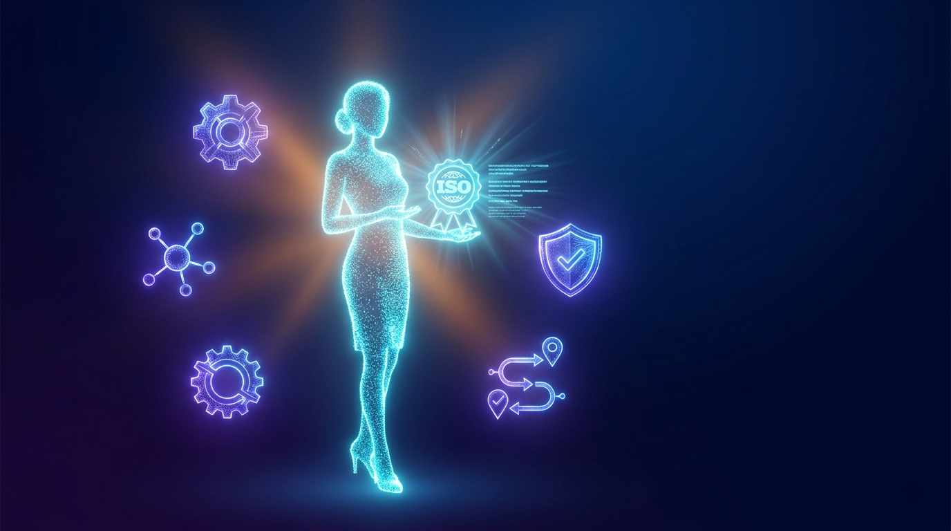 Abstract female silhouette holding ISO seal with floating tech icons representing Vani Info Tech's complete brand promise
