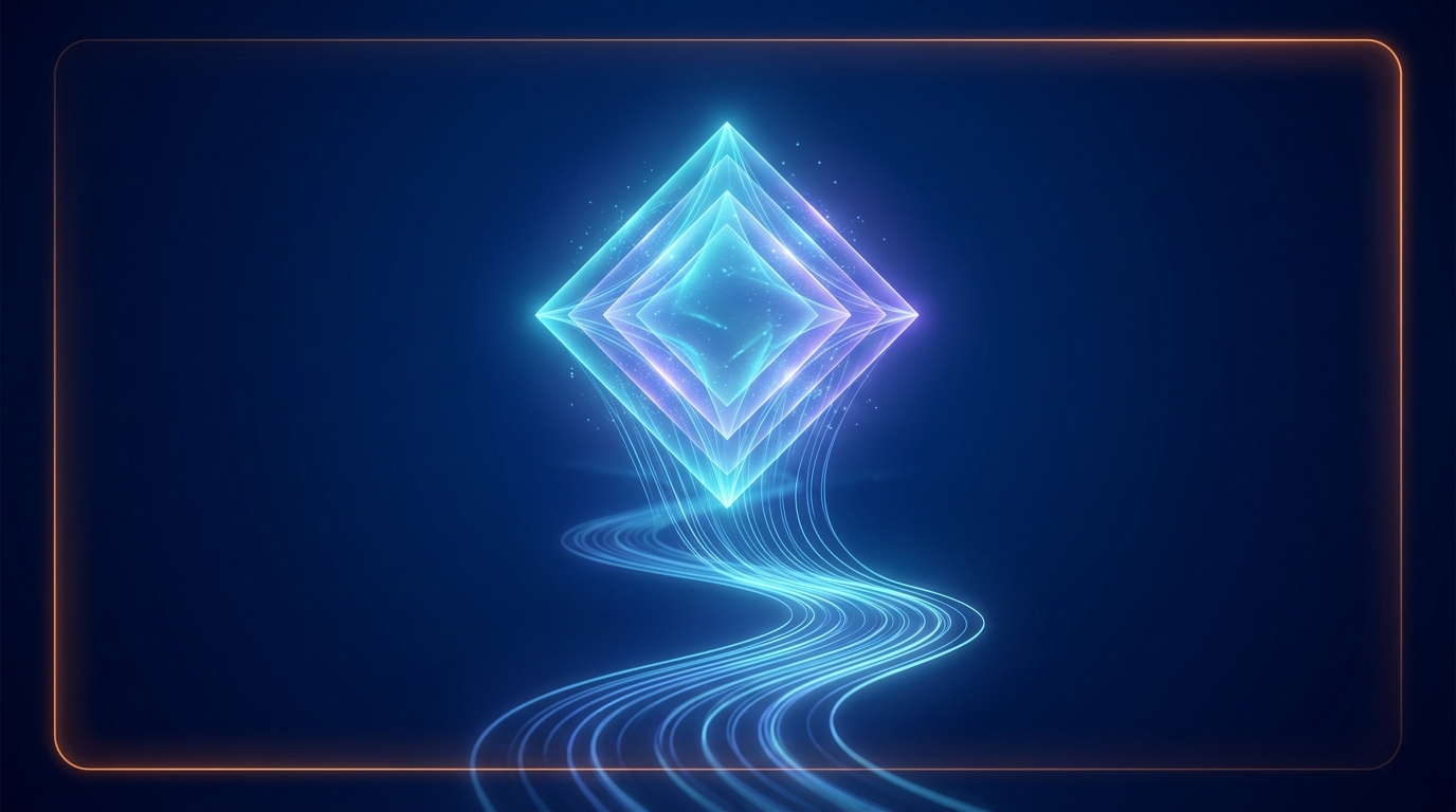 Abstract geometric diamond made of cyan and violet light layers representing ISO certified courses at Vani Info Tech
