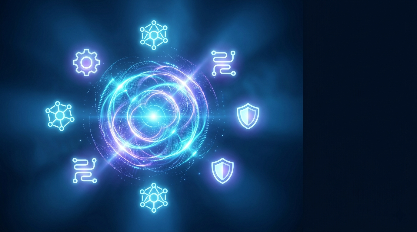 Abstract digital core with geometric tech icons representing fully equipped technology labs at Vani Info Tech