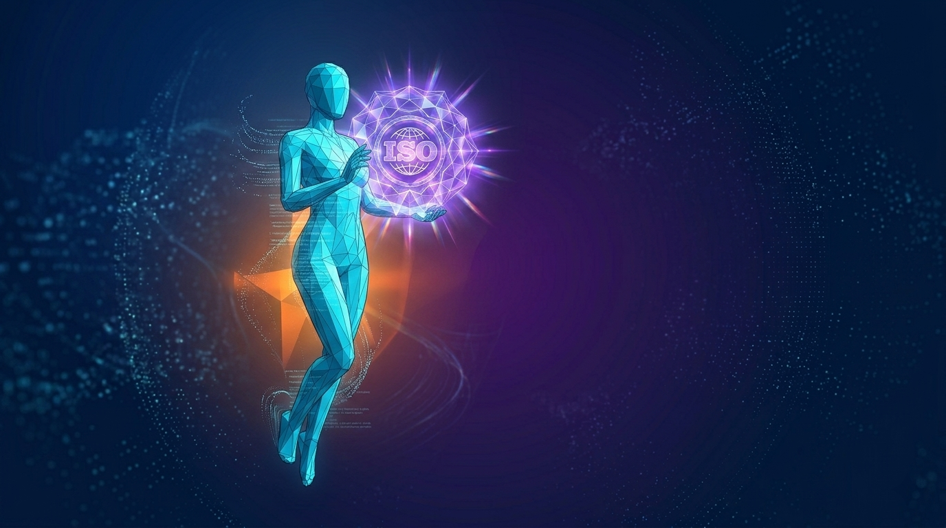Abstract female silhouette made of cyan light particles holding an ISO certification seal at Vani Info Tech
